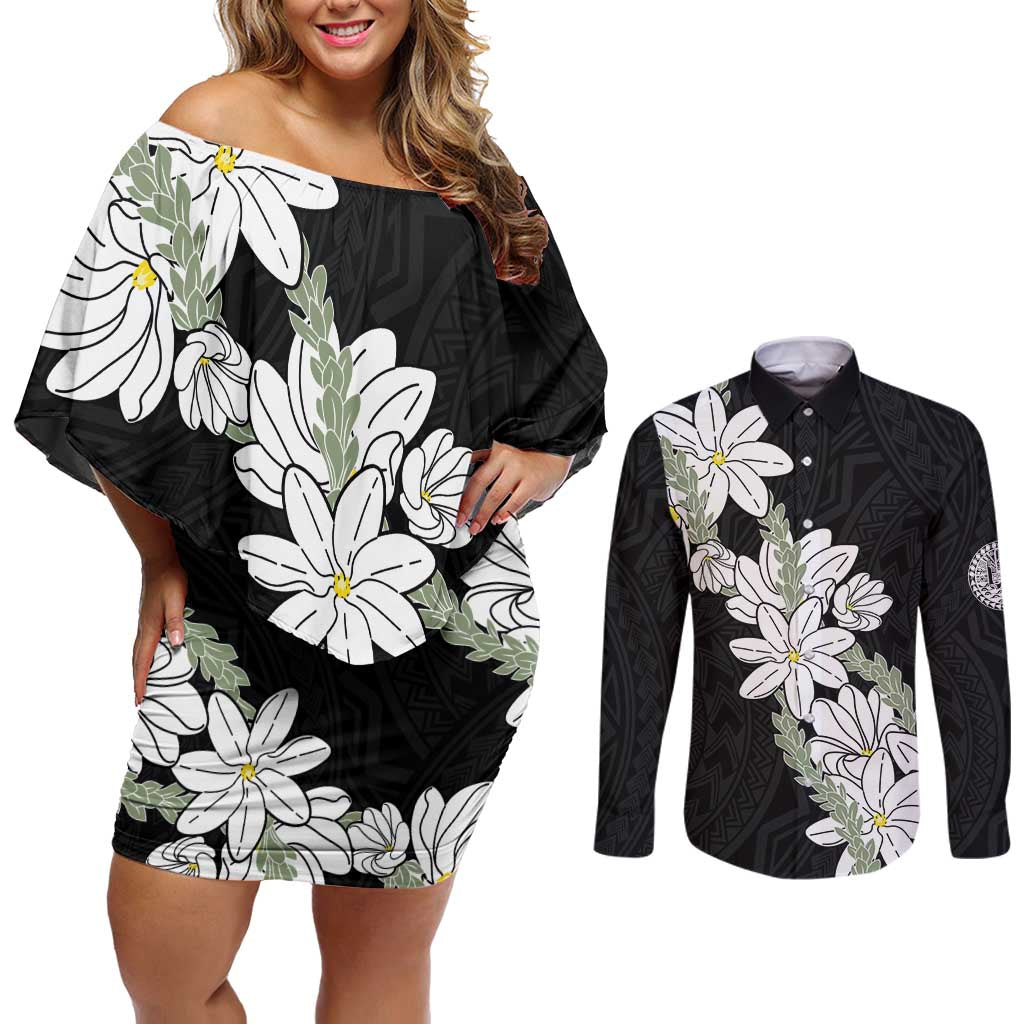 Ia Orana Tahiti Tiare Couples Matching Off Shoulder Short Dress and Long Sleeve Button Shirt Black Lei - Polynesian Pride