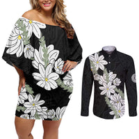 Ia Orana Tahiti Tiare Couples Matching Off Shoulder Short Dress and Long Sleeve Button Shirt Black Lei - Polynesian Pride
