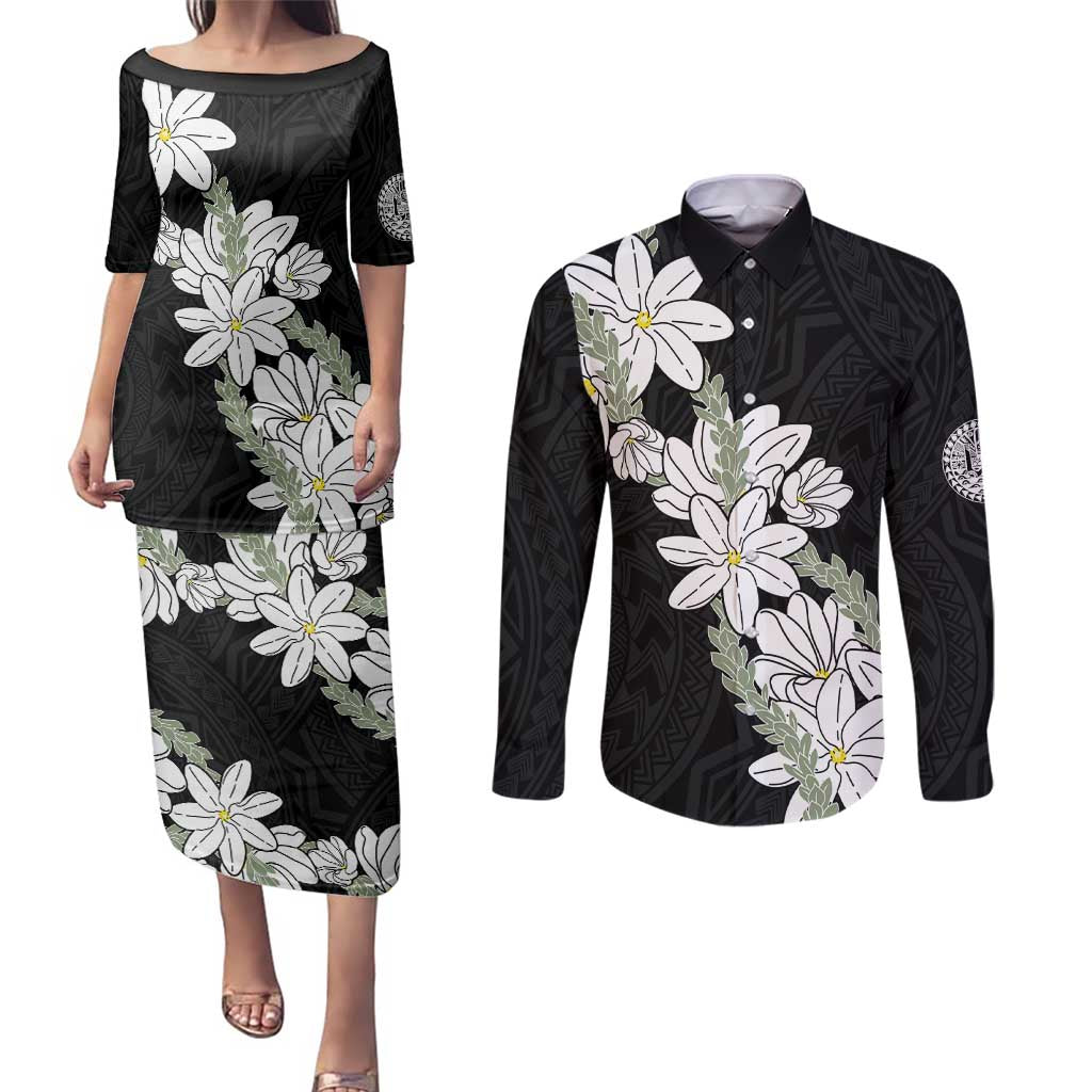 Ia Orana Tahiti Tiare Couples Matching Puletasi and Long Sleeve Button Shirt Black Lei - Polynesian Pride