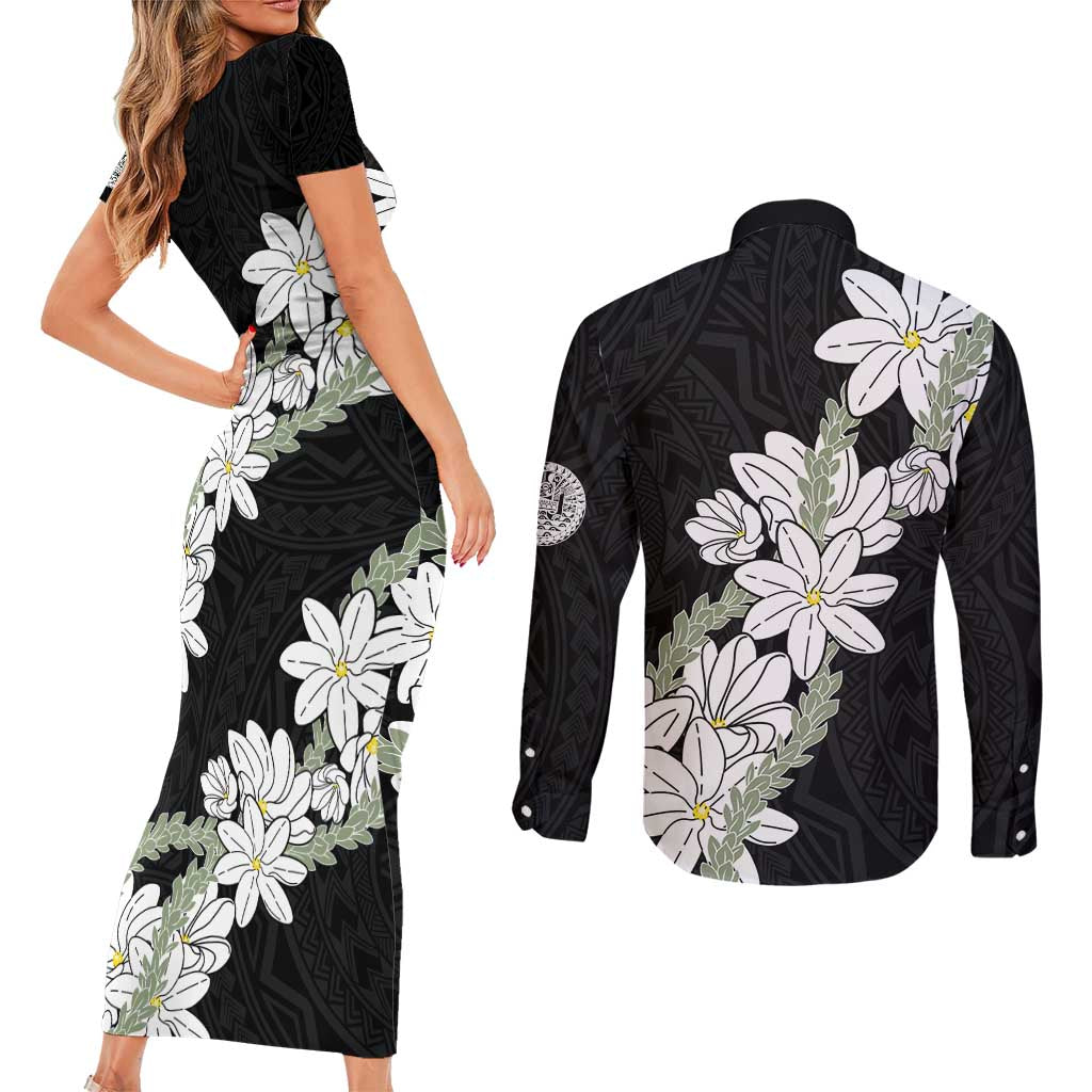 Ia Orana Tahiti Tiare Couples Matching Short Sleeve Bodycon Dress and Long Sleeve Button Shirt Black Lei - Polynesian Pride