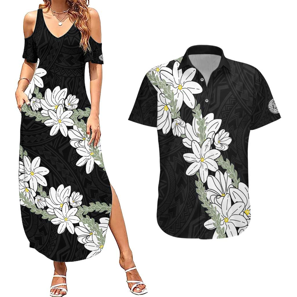 Ia Orana Tahiti Tiare Couples Matching Summer Maxi Dress and Hawaiian Shirt Black Lei - Polynesian Pride