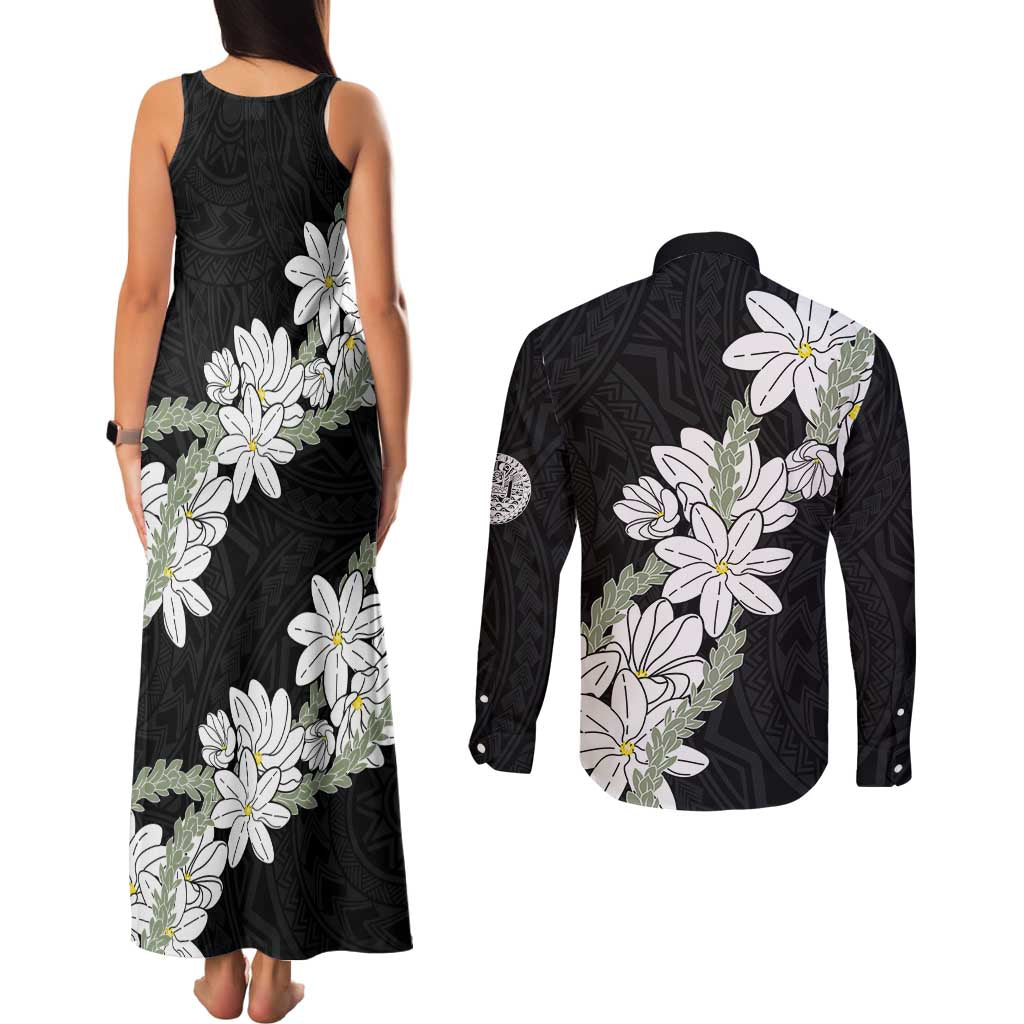 Ia Orana Tahiti Tiare Couples Matching Tank Maxi Dress and Long Sleeve Button Shirt Black Lei - Polynesian Pride
