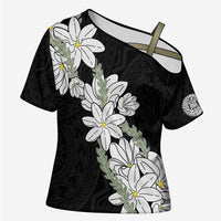 Ia Orana Tahiti Tiare Cross Shoulder Shirt Black Lei - Polynesian Pride