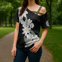 Ia Orana Tahiti Tiare Cross Shoulder Shirt Black Lei - Polynesian Pride