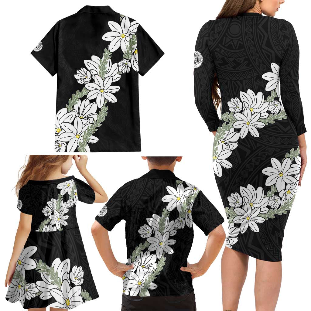 Ia Orana Tahiti Tiare Family Matching Long Sleeve Bodycon Dress and Hawaiian Shirt Black Lei - Polynesian Pride