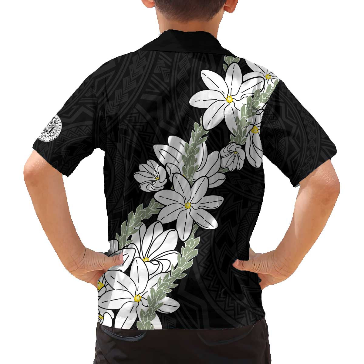 Ia Orana Tahiti Tiare Family Matching Off The Shoulder Long Sleeve Dress and Hawaiian Shirt Black Lei - Polynesian Pride