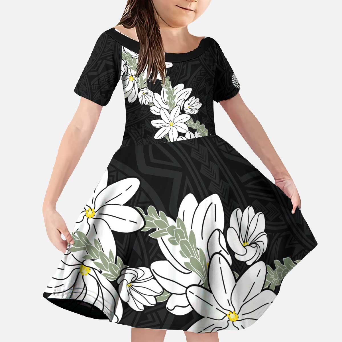 Ia Orana Tahiti Tiare Family Matching Off The Shoulder Long Sleeve Dress and Hawaiian Shirt Black Lei - Polynesian Pride