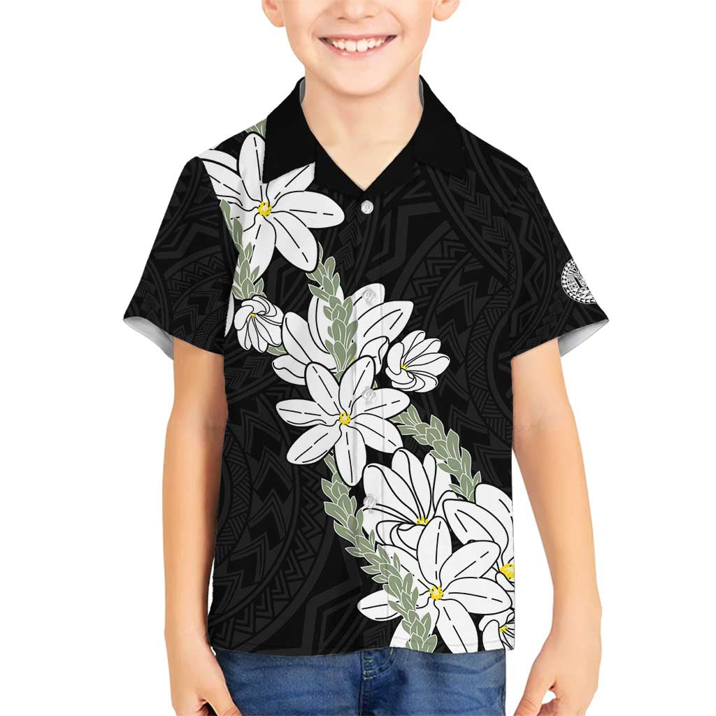 Ia Orana Tahiti Tiare Family Matching Off Shoulder Short Dress and Hawaiian Shirt Black Lei - Polynesian Pride