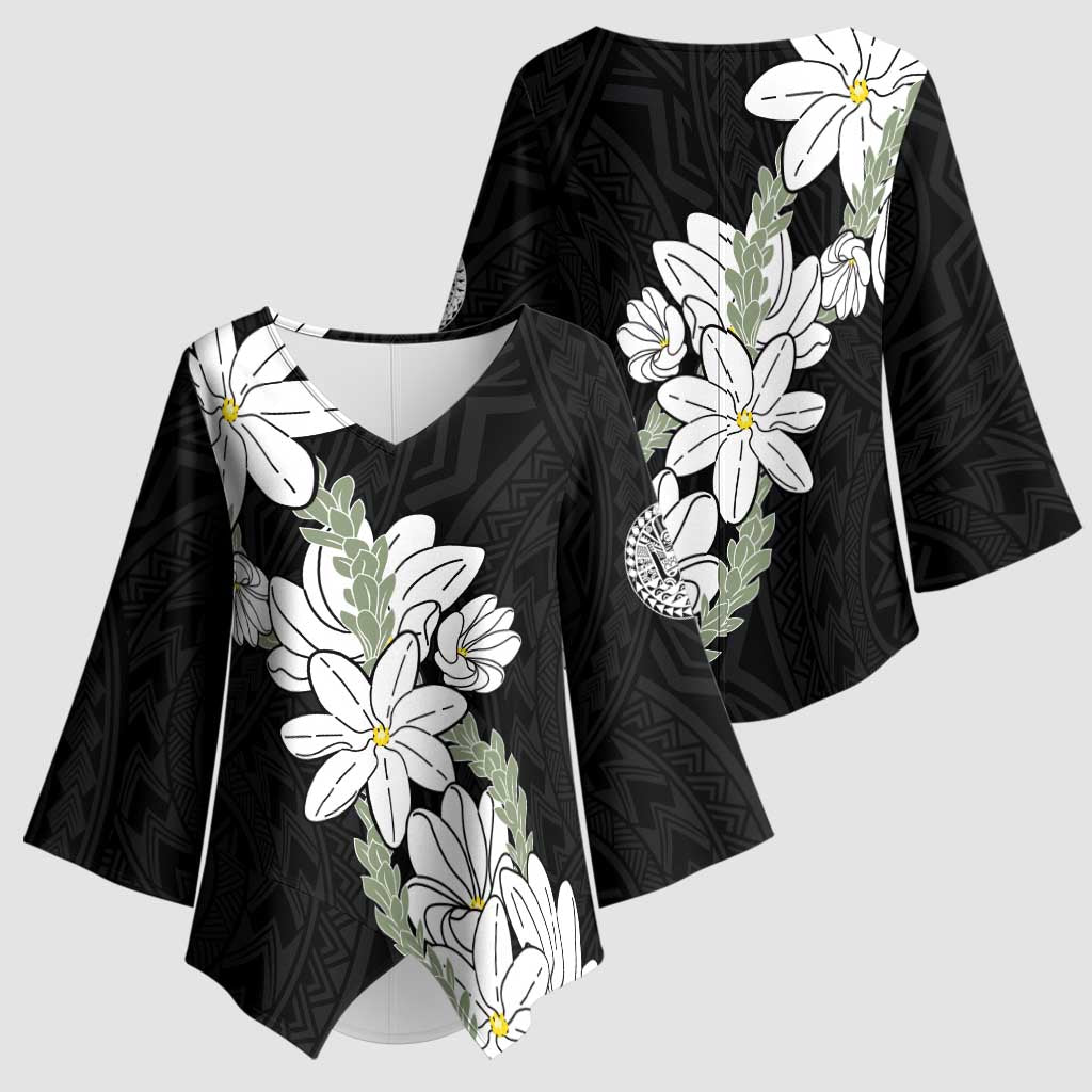 Ia Orana Tahiti Tiare Kimono Sleeve Blouse Black Lei - Polynesian Pride