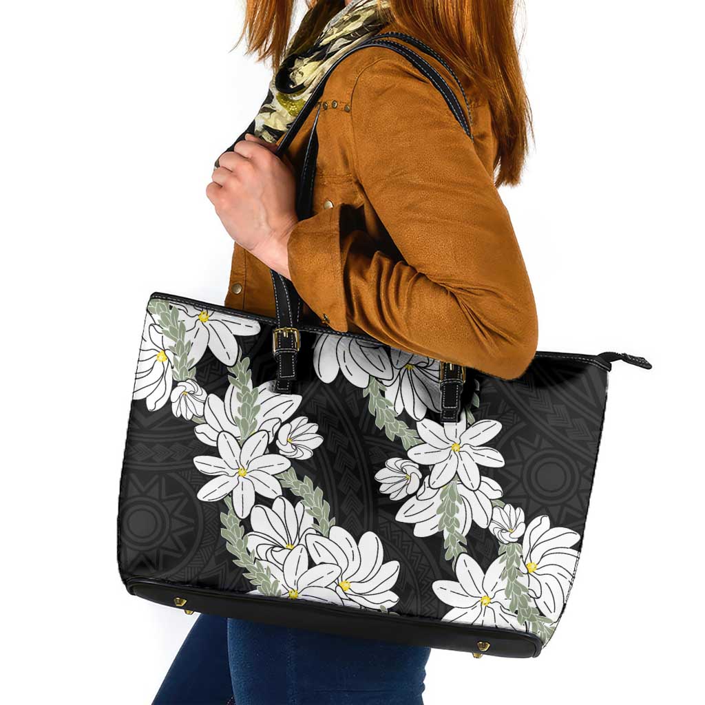 Ia Orana Tahiti Tiare Leather Tote Bag Black Lei LT7 Black - Polynesian Pride
