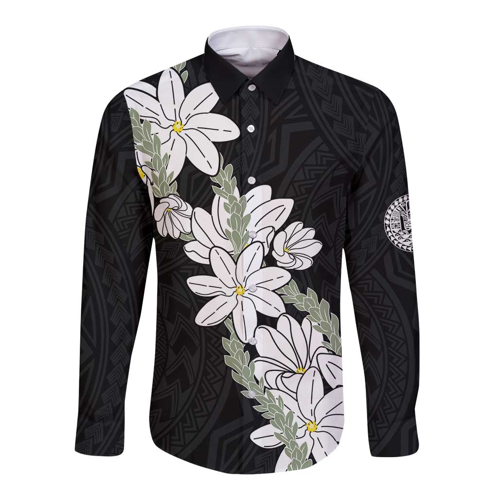 Ia Orana Tahiti Tiare Long Sleeve Button Shirt Black Lei LT7 Unisex Black - Polynesian Pride
