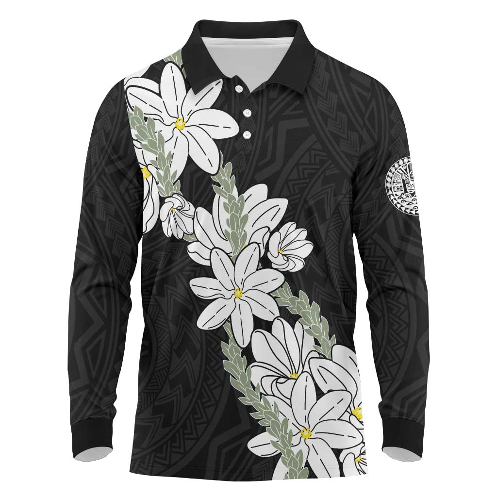 Ia Orana Tahiti Tiare Long Sleeve Polo Shirt Black Lei LT7 Black - Polynesian Pride