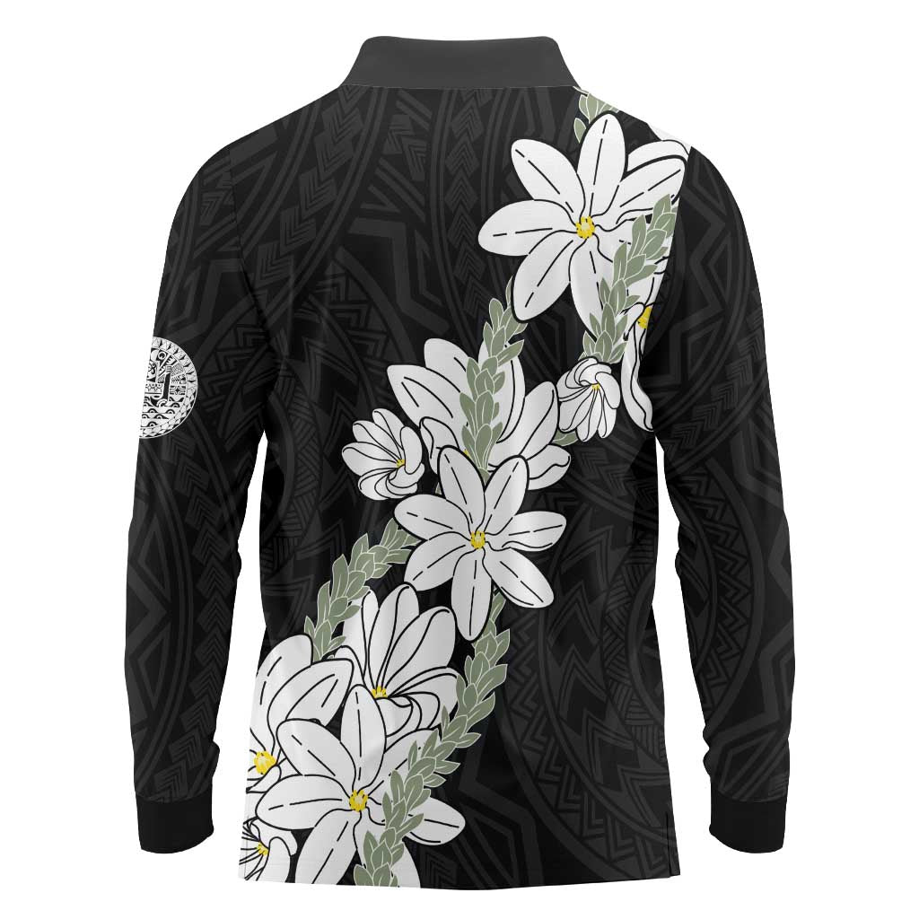 Ia Orana Tahiti Tiare Long Sleeve Polo Shirt Black Lei - Polynesian Pride
