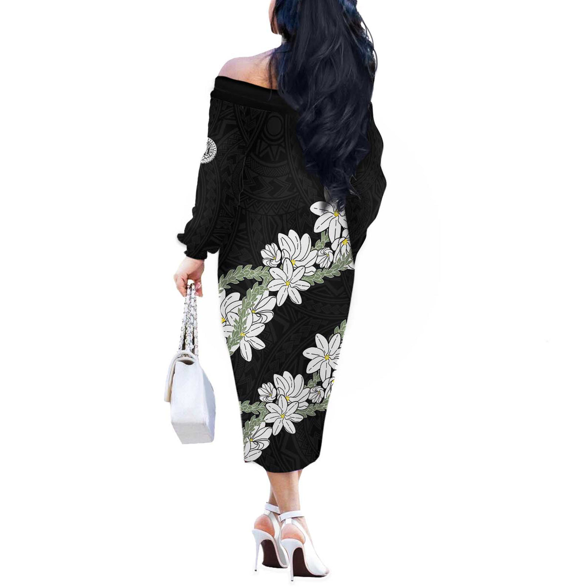 Ia Orana Tahiti Tiare Off The Shoulder Long Sleeve Dress Black Lei - Polynesian Pride