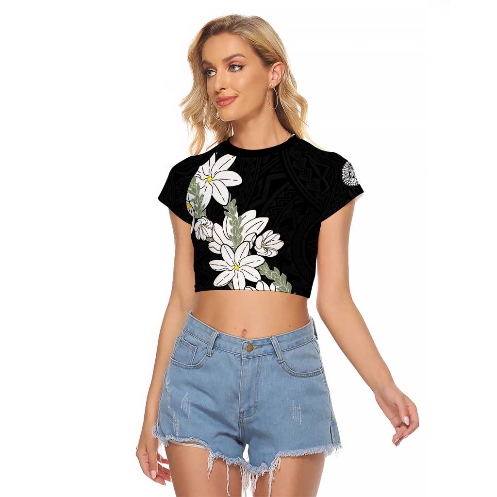 Ia Orana Tahiti Tiare Raglan Cropped T Shirt Black Lei LT7 Female Black - Polynesian Pride