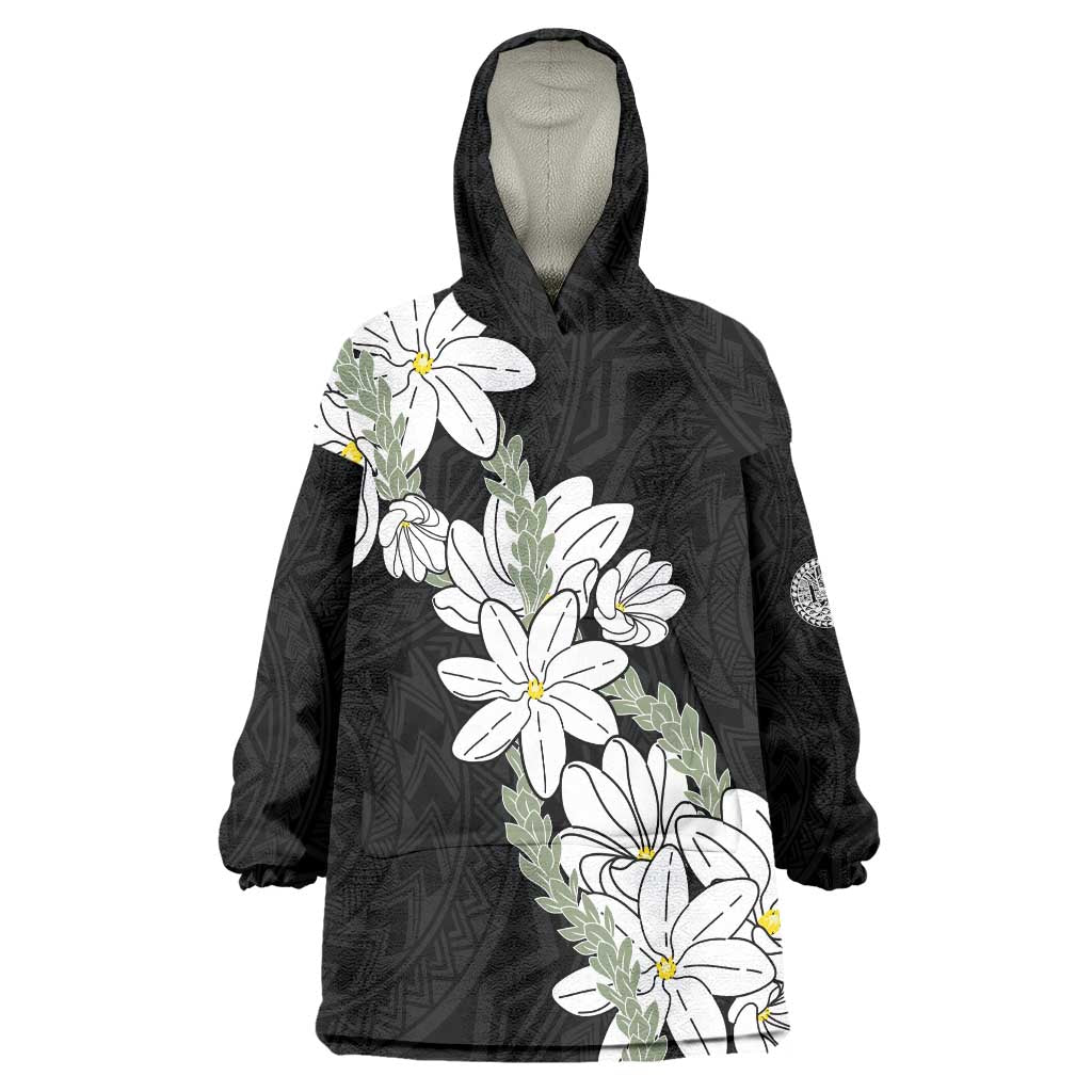 Ia Orana Tahiti Tiare Wearable Blanket Hoodie Black Lei LT7 One Size Black - Polynesian Pride