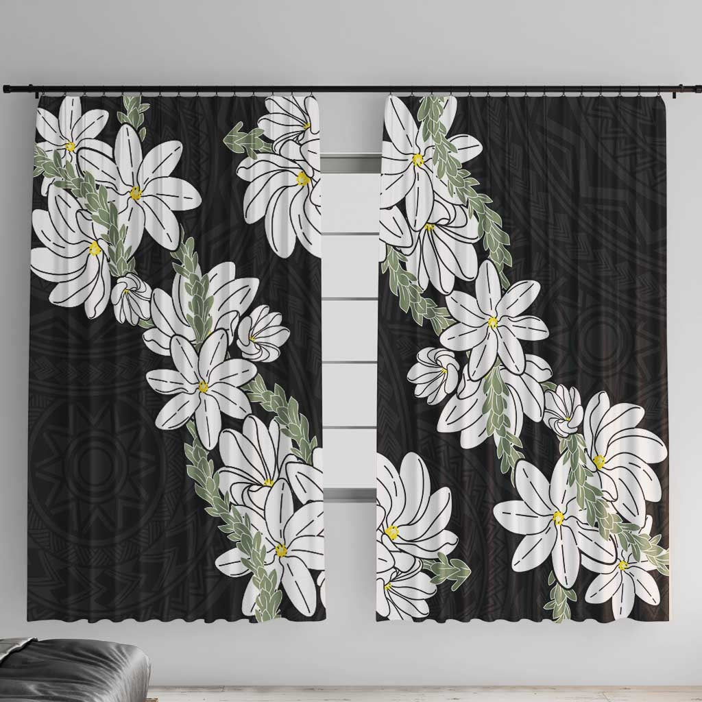 Ia Orana Tahiti Tiare Window Curtain Black Lei LT7 With Hooks Black - Polynesian Pride
