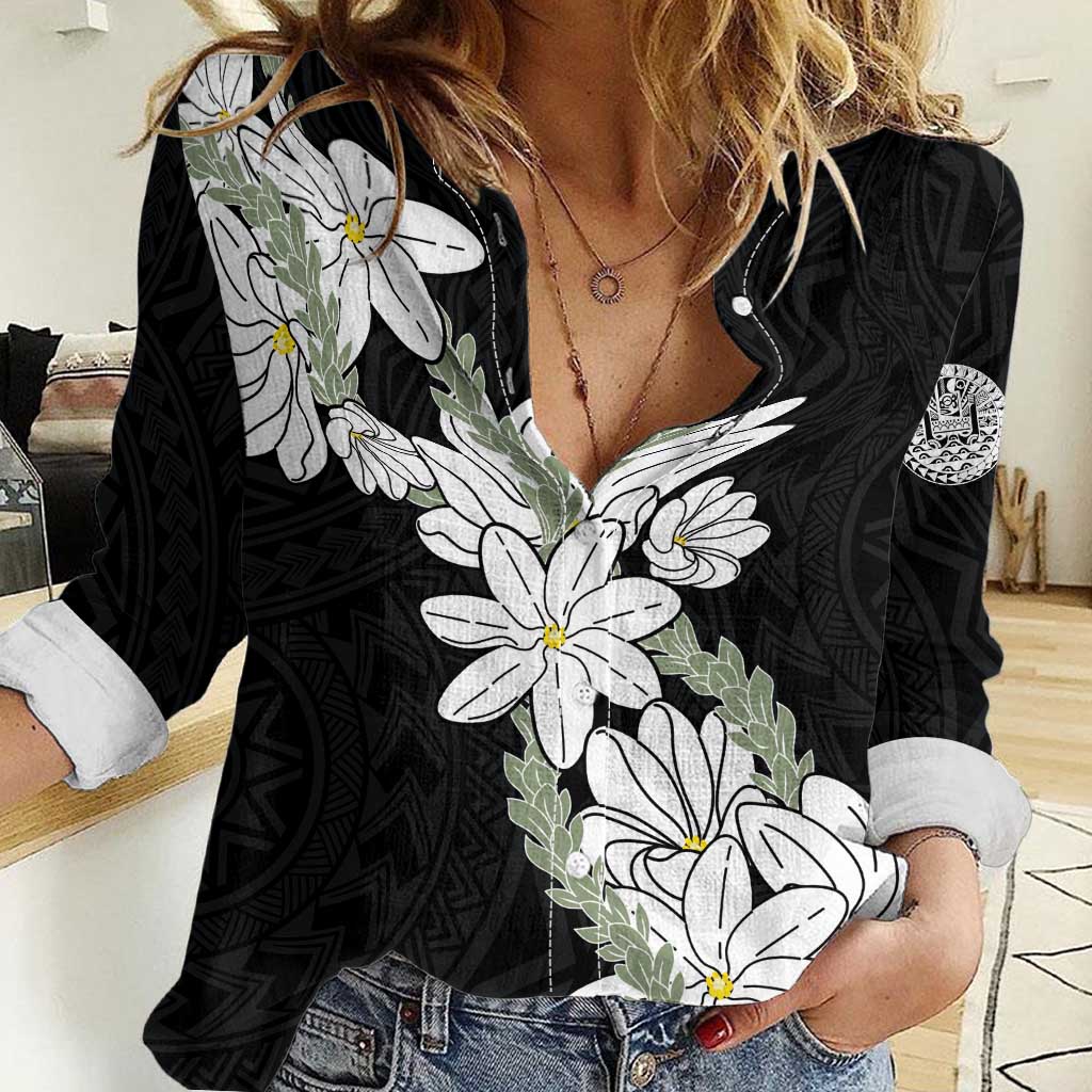 Ia Orana Tahiti Tiare Women Casual Shirt Black Lei - Polynesian Pride