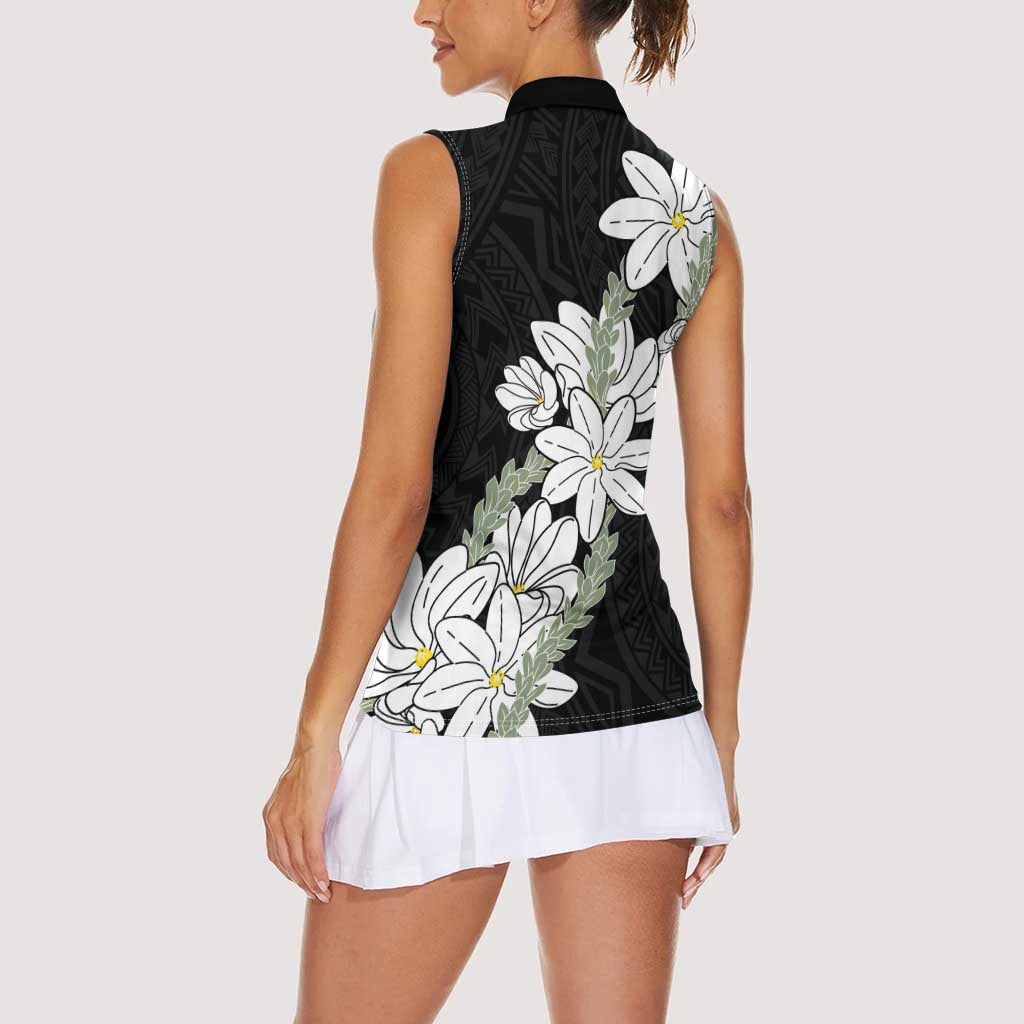 Ia Orana Tahiti Tiare Women Sleeveless Polo Shirt Black Lei - Polynesian Pride