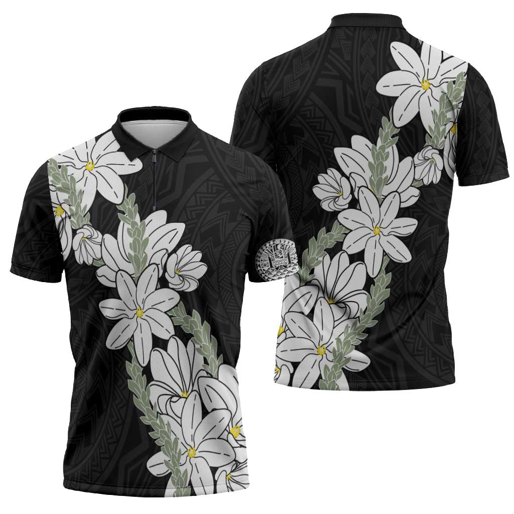 Ia Orana Tahiti Tiare Zipper Polo Shirt Black Lei - Polynesian Pride