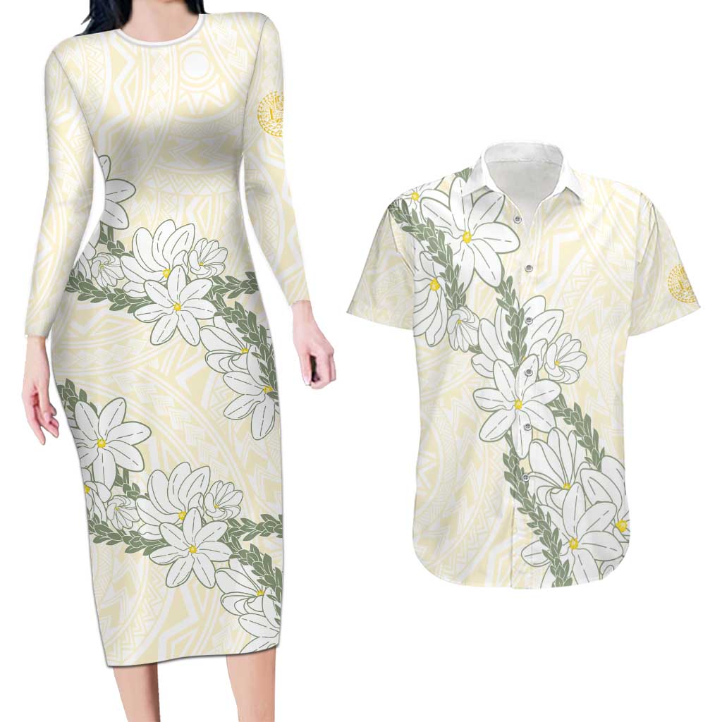 Ia Orana Tahiti Tiare Couples Matching Long Sleeve Bodycon Dress and Hawaiian Shirt Lemon Yellow Lei - Polynesian Pride
