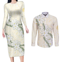 Ia Orana Tahiti Tiare Couples Matching Long Sleeve Bodycon Dress and Long Sleeve Button Shirt Lemon Yellow Lei - Polynesian Pride