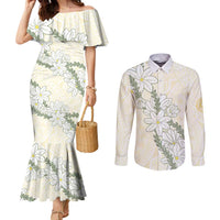 Ia Orana Tahiti Tiare Couples Matching Mermaid Dress and Long Sleeve Button Shirt Lemon Yellow Lei - Polynesian Pride