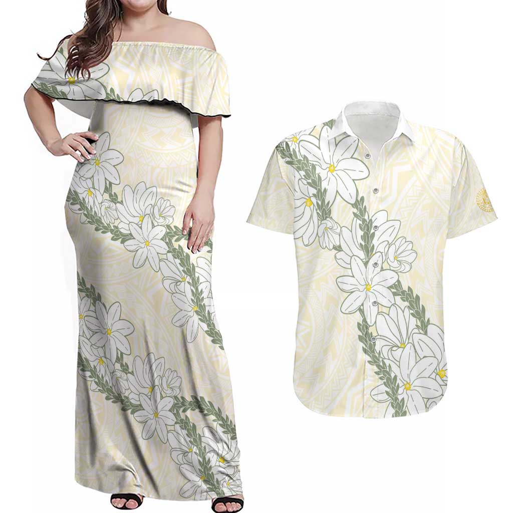 Ia Orana Tahiti Tiare Couples Matching Off Shoulder Maxi Dress and Hawaiian Shirt Lemon Yellow Lei - Polynesian Pride