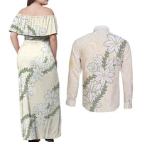 Ia Orana Tahiti Tiare Couples Matching Off Shoulder Maxi Dress and Long Sleeve Button Shirt Lemon Yellow Lei - Polynesian Pride