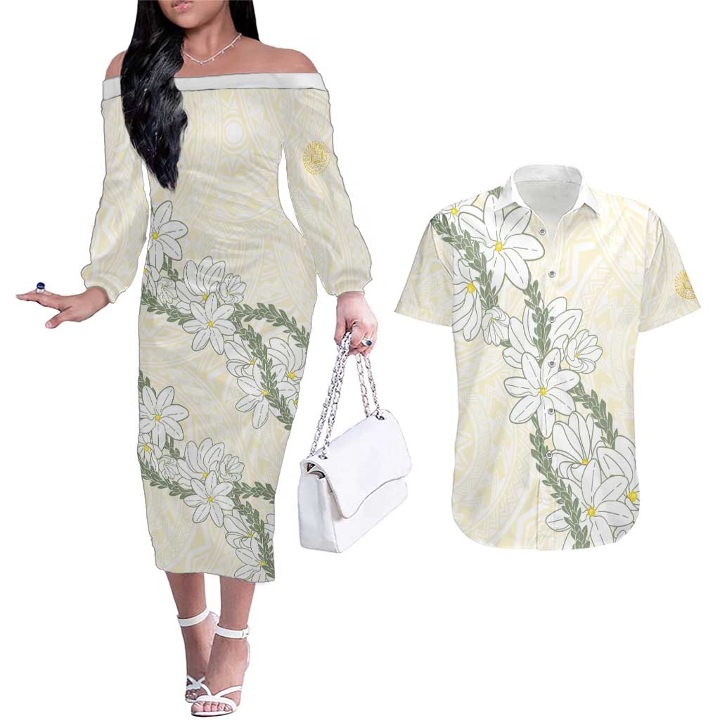 Ia Orana Tahiti Tiare Couples Matching Off The Shoulder Long Sleeve Dress and Hawaiian Shirt Lemon Yellow Lei - Polynesian Pride