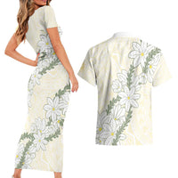 Ia Orana Tahiti Tiare Couples Matching Short Sleeve Bodycon Dress and Hawaiian Shirt Lemon Yellow Lei - Polynesian Pride
