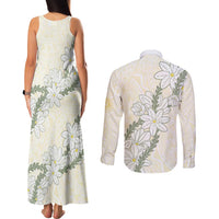 Ia Orana Tahiti Tiare Couples Matching Tank Maxi Dress and Long Sleeve Button Shirt Lemon Yellow Lei - Polynesian Pride