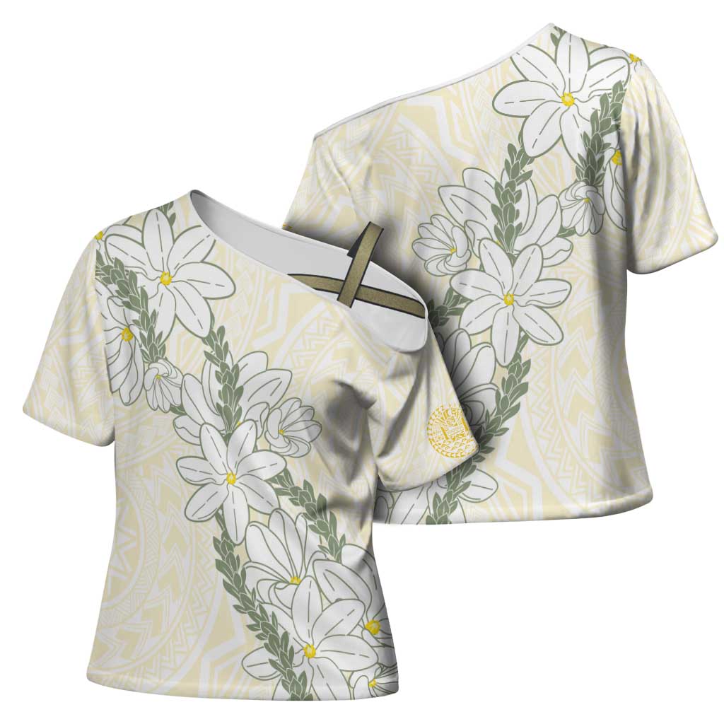 Ia Orana Tahiti Tiare Cross Shoulder Shirt Lemon Yellow Lei - Polynesian Pride