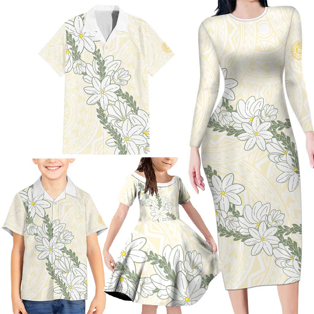 Ia Orana Tahiti Tiare Family Matching Long Sleeve Bodycon Dress and Hawaiian Shirt Lemon Yellow Lei - Polynesian Pride