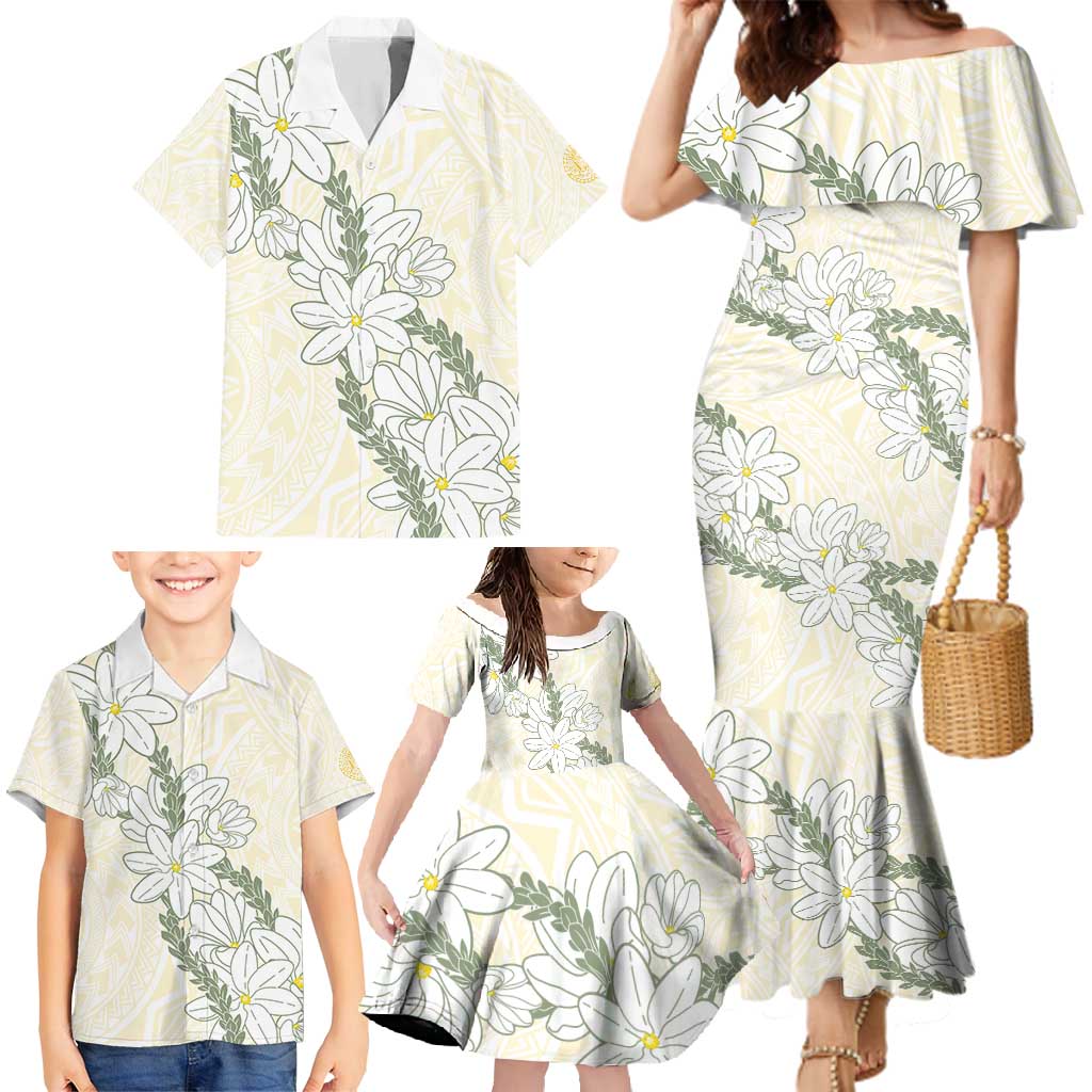 Ia Orana Tahiti Tiare Family Matching Mermaid Dress and Hawaiian Shirt Lemon Yellow Lei - Polynesian Pride