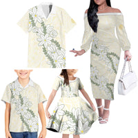 Ia Orana Tahiti Tiare Family Matching Off The Shoulder Long Sleeve Dress and Hawaiian Shirt Lemon Yellow Lei - Polynesian Pride