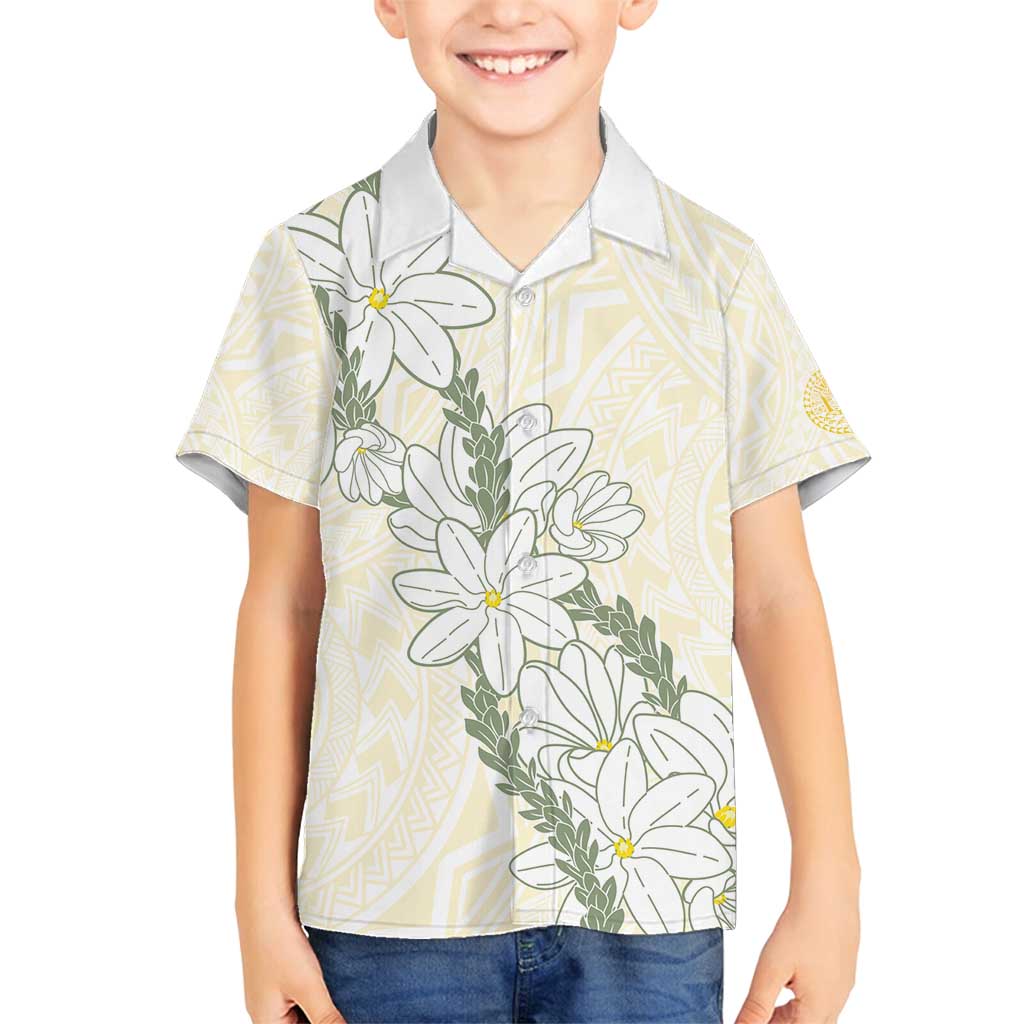 Ia Orana Tahiti Tiare Family Matching Off Shoulder Short Dress and Hawaiian Shirt Lemon Yellow Lei - Polynesian Pride