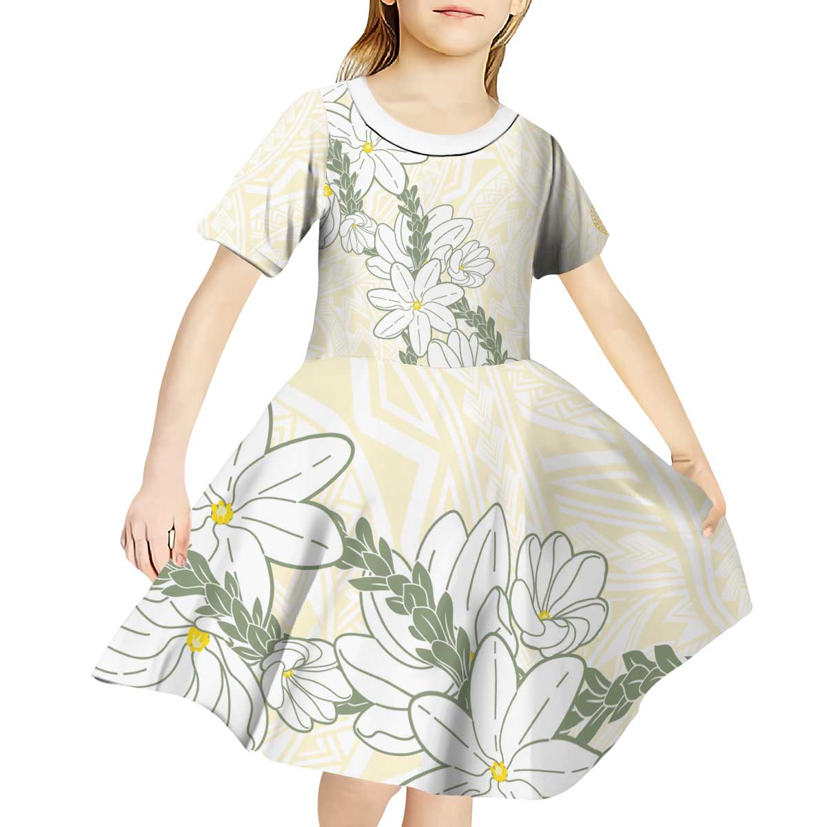 Ia Orana Tahiti Tiare Kid Short Sleeve Dress Lemon Yellow Lei - Polynesian Pride