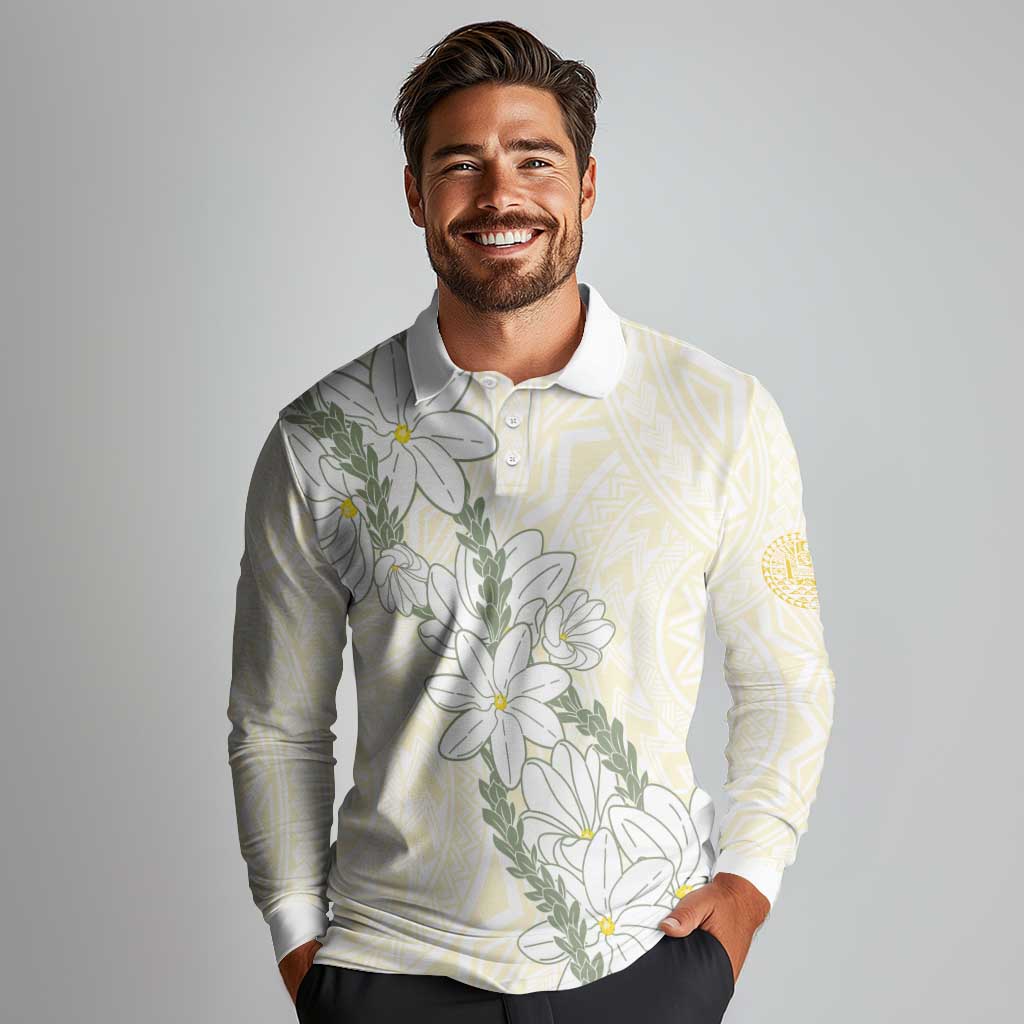 Ia Orana Tahiti Tiare Long Sleeve Polo Shirt Lemon Yellow Lei - Polynesian Pride