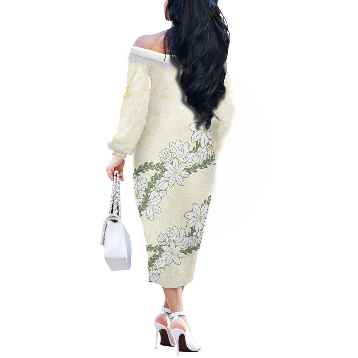 Ia Orana Tahiti Tiare Off The Shoulder Long Sleeve Dress Lemon Yellow Lei - Polynesian Pride