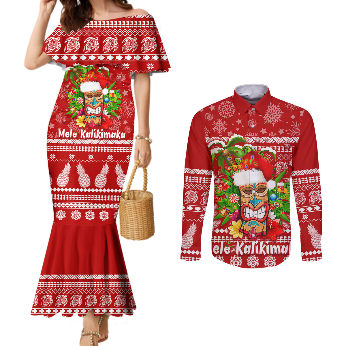 Hawaii Tiki Christmas Couples Matching Mermaid Dress and Long Sleeve Button Shirt Mele Kalikimaka LT7 Red - Polynesian Pride