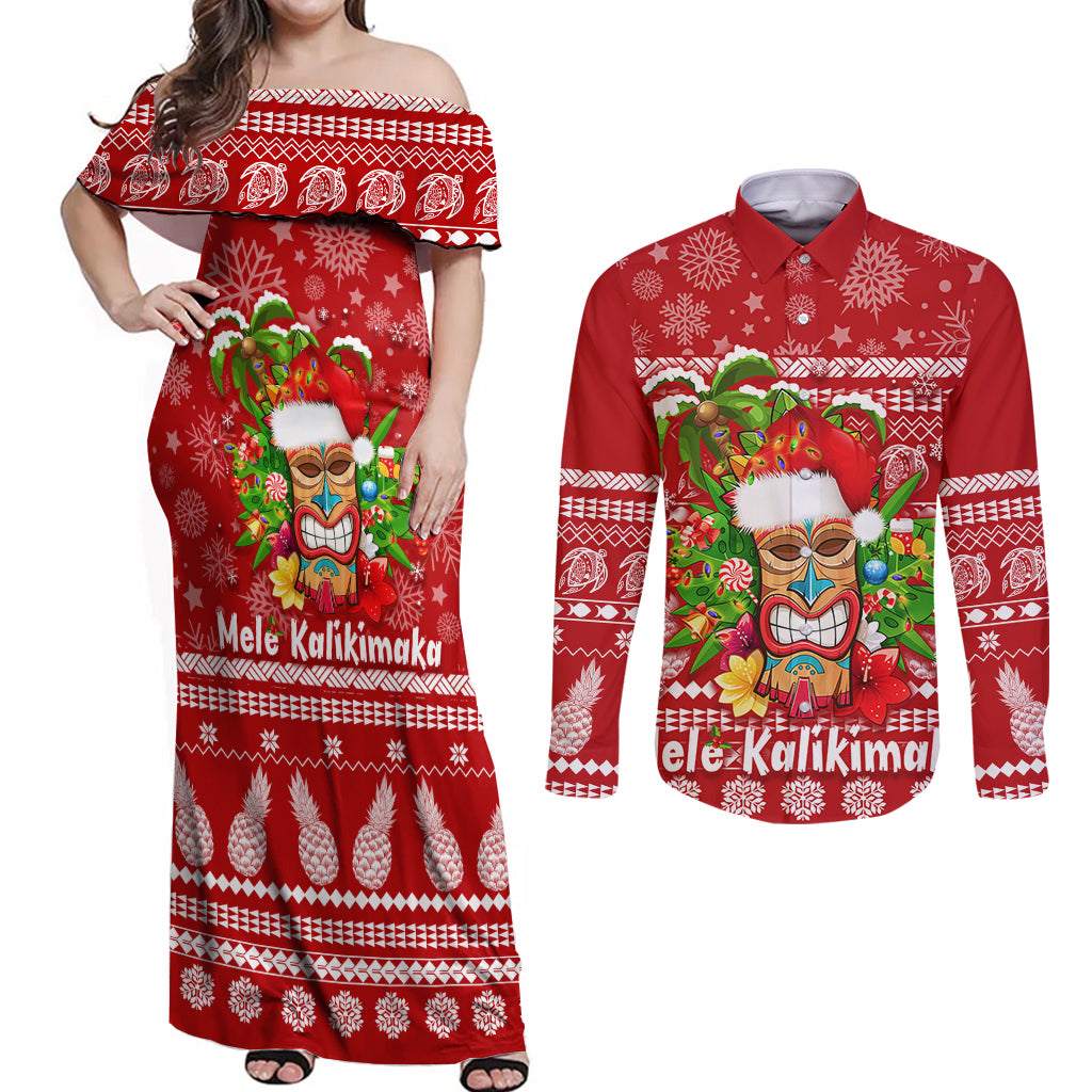 Hawaii Tiki Christmas Couples Matching Off Shoulder Maxi Dress and Long Sleeve Button Shirt Mele Kalikimaka LT7 Red - Polynesian Pride