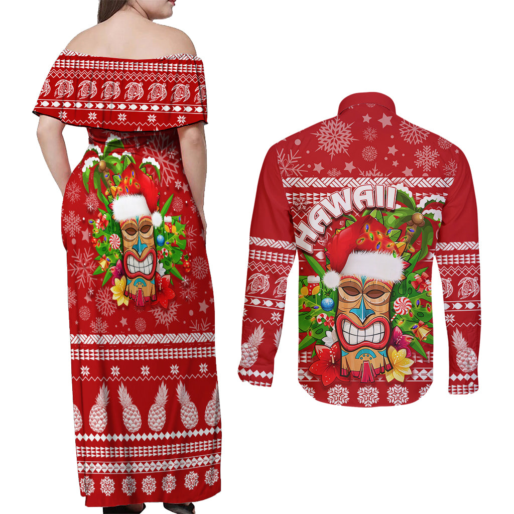 Hawaii Tiki Christmas Couples Matching Off Shoulder Maxi Dress and Long Sleeve Button Shirt Mele Kalikimaka LT7 - Polynesian Pride
