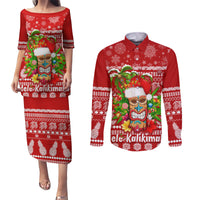 Hawaii Tiki Christmas Couples Matching Puletasi Dress and Long Sleeve Button Shirt Mele Kalikimaka LT7 Red - Polynesian Pride