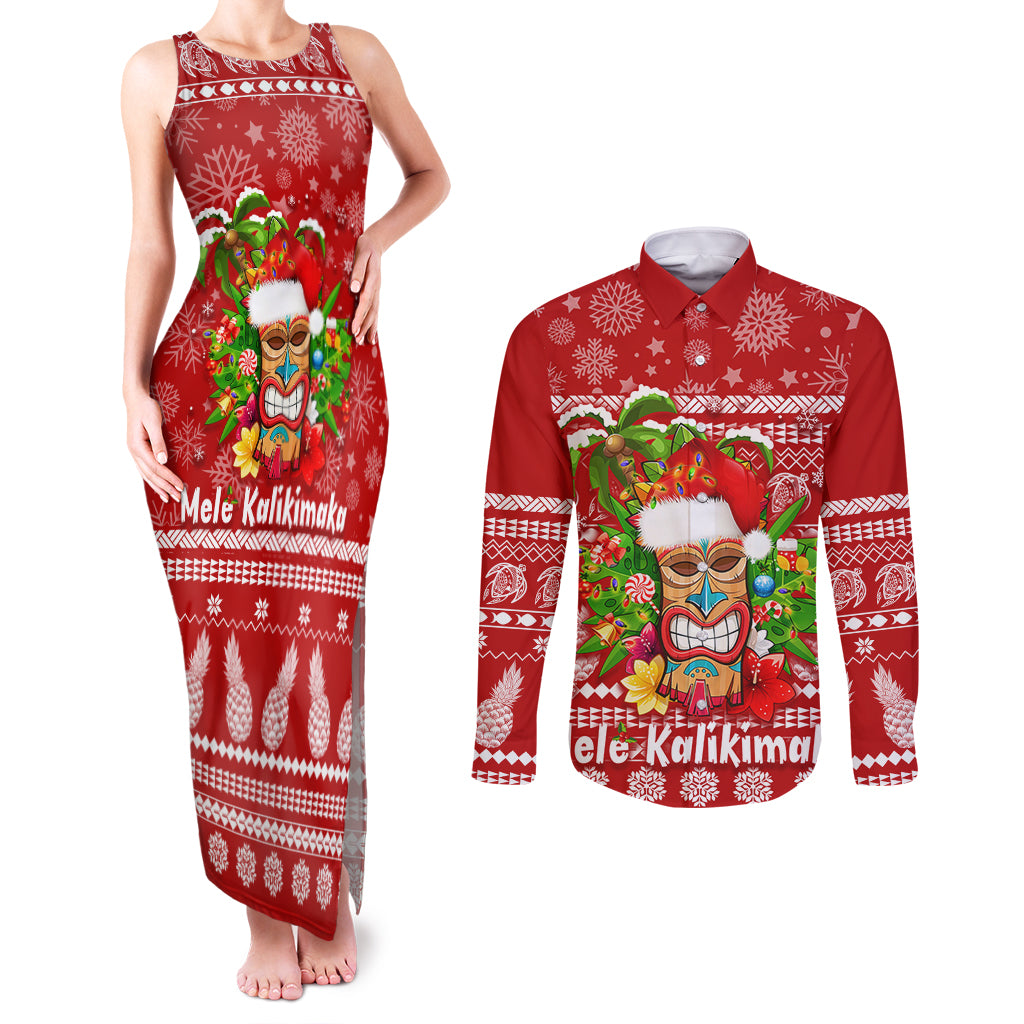 Hawaii Tiki Christmas Couples Matching Tank Maxi Dress and Long Sleeve Button Shirt Mele Kalikimaka LT7 Red - Polynesian Pride