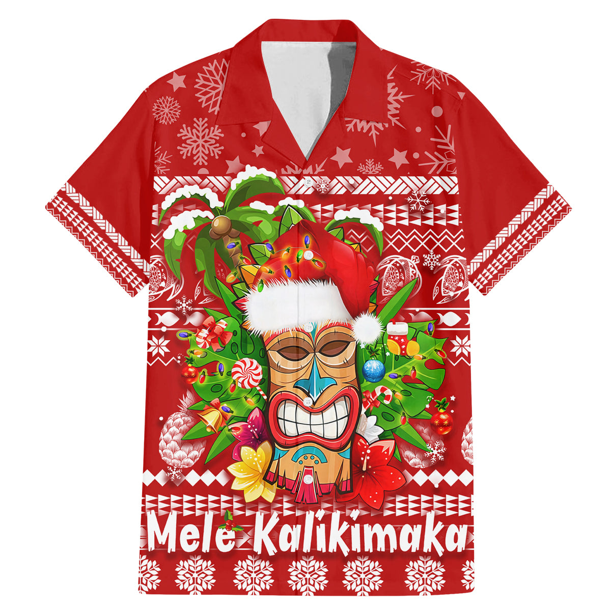 Hawaii Tiki Christmas Family Matching Mermaid Dress and Hawaiian Shirt Mele Kalikimaka LT7 Dad's Shirt - Short Sleeve Red - Polynesian Pride