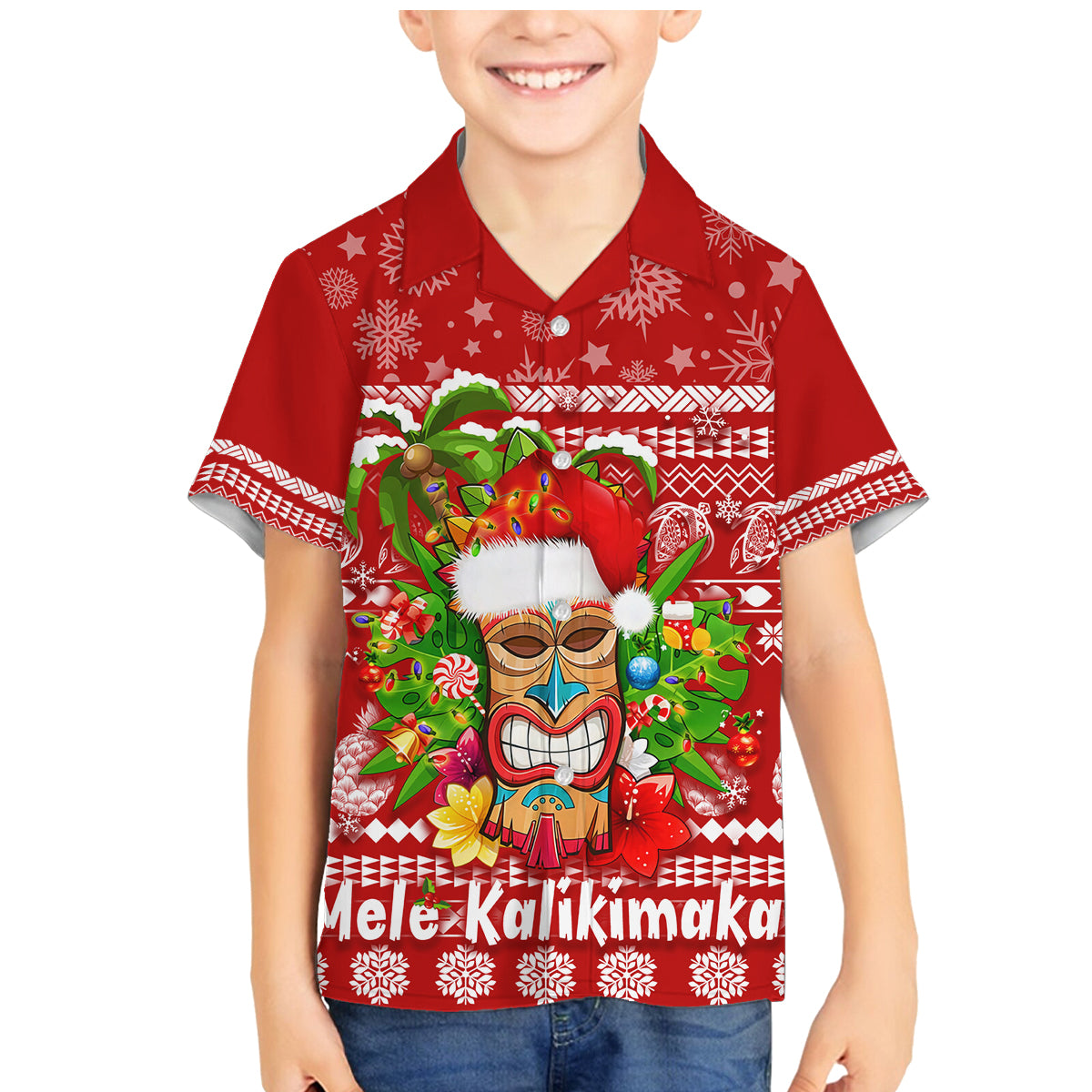 Hawaii Tiki Christmas Family Matching Mermaid Dress and Hawaiian Shirt Mele Kalikimaka LT7 Son's Shirt Red - Polynesian Pride