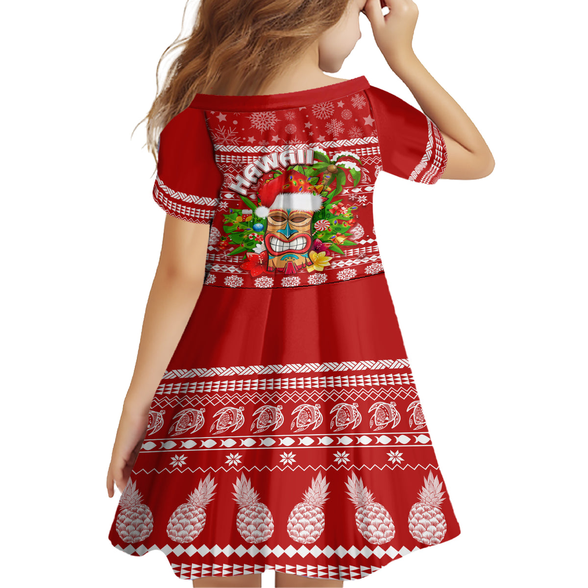 Hawaii Tiki Christmas Family Matching Short Sleeve Bodycon Dress and H