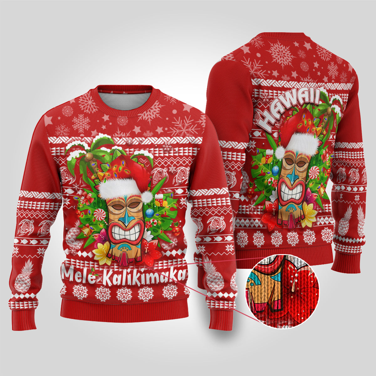 Hawaii Tiki Christmas Ugly Christmas Sweater Mele Kalikimaka LT7 Red - Polynesian Pride