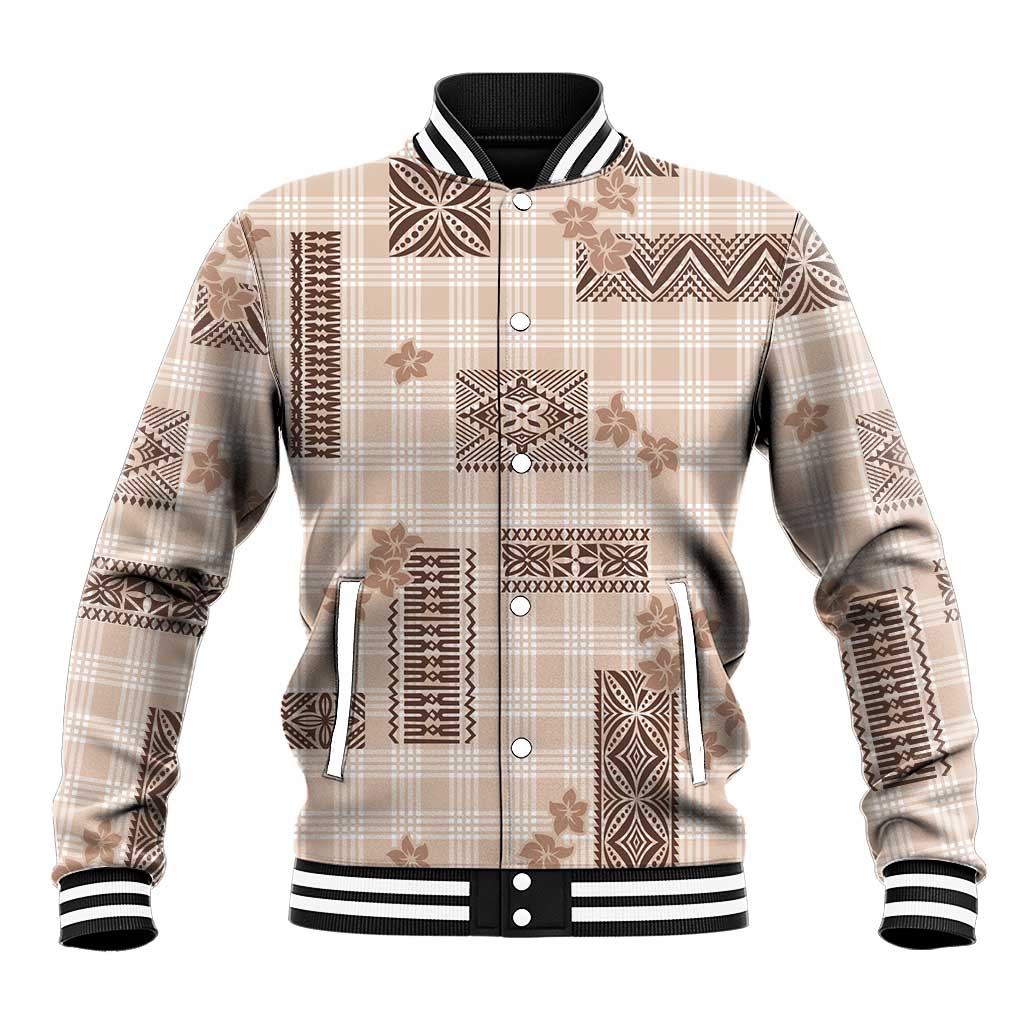 Hawaiian Quilt Tapa On Beige Palaka Motifs Baseball Jacket